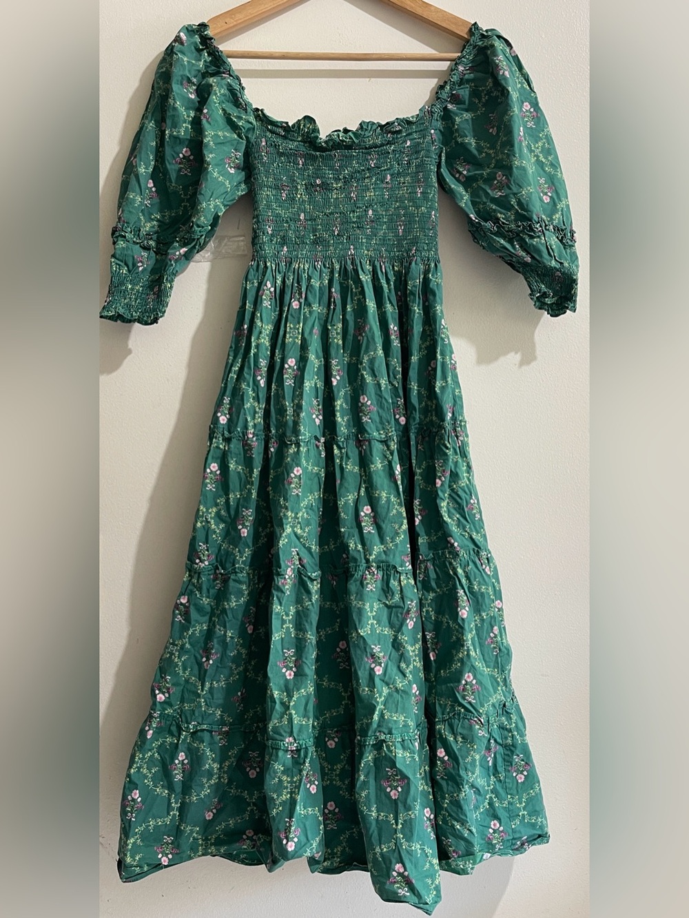 Hill House Green Floral Puff Sleeve Smocked Midi Dress